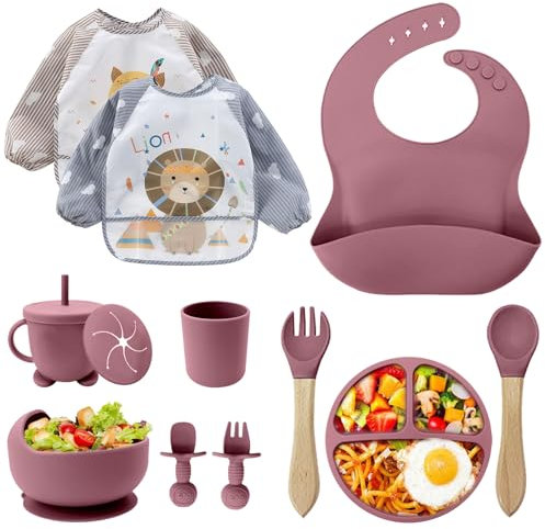 CUBTEM Assiette Bebe,Lot de 12 Set Repas BéBé, Bol Cuillere Bebe,Bavoir Silicone Bebe,Assiette Ventouse Pour BéBé,Enfant Set Couverts Vaisselle Pour Sevrage Manger