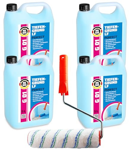 HALBAU Tiefengrund LF Perfect 20 L, Voranstrich unter Abdichtungen, Grundierung für Putz, Beton + Farbroller 25cm Mikrofaser Set G01