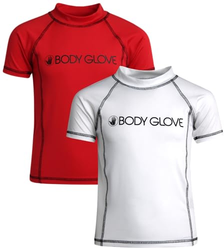 Body Glove Boys Swim Shirt - 2 Pack UPF 50+ Quick Dry Sun Protection Short Sleeve Rash Guard for Boys Kids Swimwear (2T-14), Size 2T, Red/White