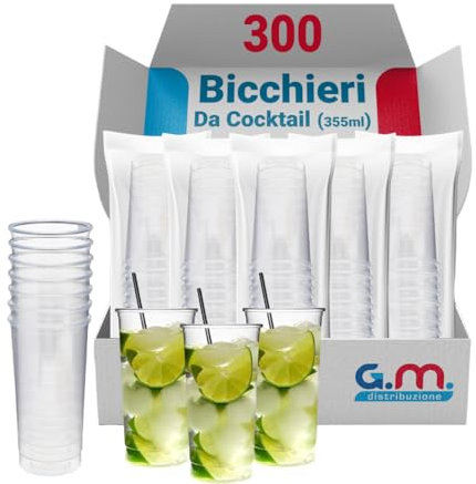 G.M. DISTRIBUZIONE 300 Bicchieri da Cocktail Monouso in Plastica Trasparente da 355ml, Tumbler Usa e Getta di Alta Qualità x Bevande fredde, Riciclabili, Discoteche, Gin tonic, Mojito
