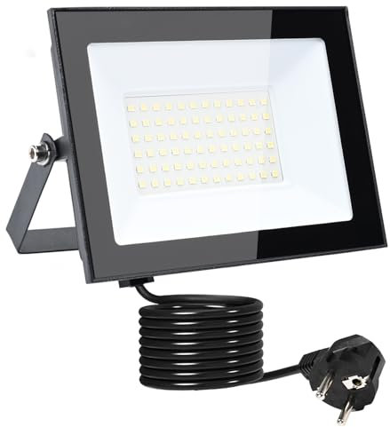 MOLVCE Foco LED exterior 50 W 3000 K blanco cálido, aluminio superbrillante, 4250 lm, foco LED con enchufe y cable de 3 metros, IP66, resistente al agua, foco exterior para jardín, aparcamiento,