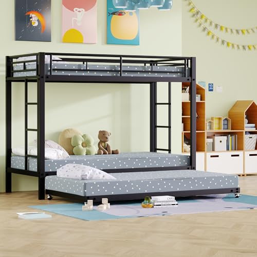 MQLAE Kinderbett Etagenbett 90x200, Stockbett 3 Kinder mit Ausziehbett, Jugendbett Hochbett Doppelstockbett Bettgestell mit Lattenrost, hohe Geländer - Rausfallschutz, Robustes Metallbett (Schwarz)