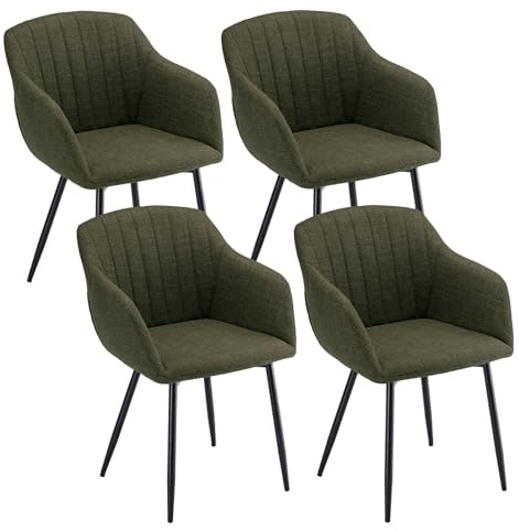 Goeurvant Lot de 4 Chaises Salle à Manger avec Accoudoirs, Chaises Fauteuil rembourrée en Lin avec Pieds en Métal pour Salon Cuisine et Bureau, Vert Herbe