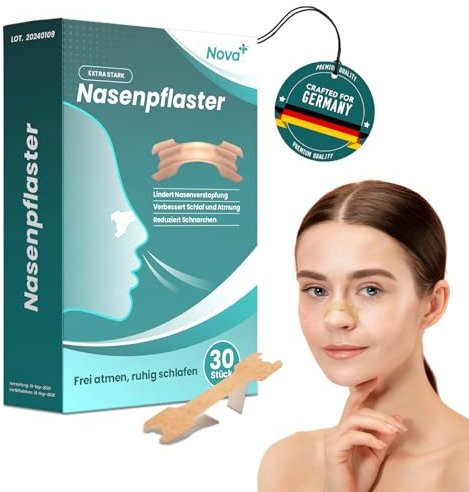 Nova+ Nasenpflaster Schnarchen – 30 Premium Nasenpflaster besser Atmen im Schlaf und bei verstopfter Nase durch Erkältung oder Allergien | Extra starker Halt für Sport und Workouts | Größe L (66x19mm)