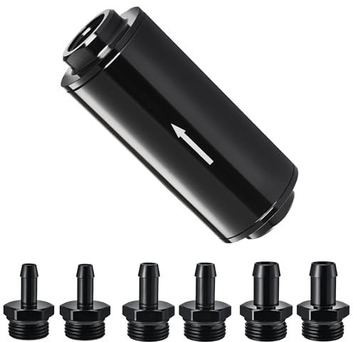 EVIL ENERGY Inline Fuel Filter 10 Micron with Barb 1/2, 3/8, 5/16 Fitting Adapter 50MM Universal Aluminum Black, for Gasoline, Diesel, Rubber Fuel Line, Car EFI & Carb Fuel Systems