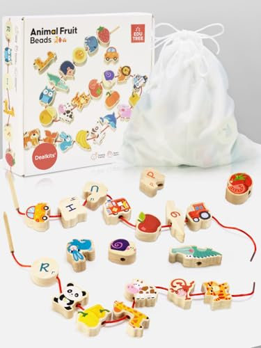 DealKits Montessori Spielzeug 2 Jahre, 42 Stück Holzperlen Fädelspiel Pädagogisches Holzspielzeug - Holzperlen zum Auffädeln - Tiere, Gemüse, Fahrzeuge - Motorikspielzeug für Kinder ab 2 Jahre
