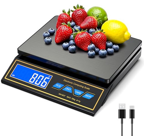 Yabdbg Küchenwaage 30kg,Edelstahl Digitalwaage Paketwaage Feinwaage 1g zum Gastronomie Messen von Fleisch Wurst Kaffeewaage mit LCD,PCS Zähl Tara Funktion,9 Maßeinheit,Auto Shutdown,USB-C Aufladbar