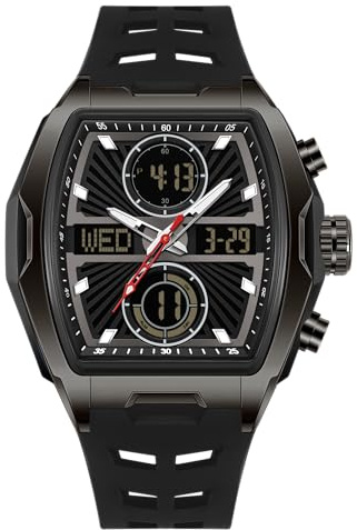 OFNS Orologio da uomo unico, rettangolare, multifunzione, quadrato, cronografo, sportivo, con display digitale analogico, doppio fuso orario, conto alla rovescia, cronometro