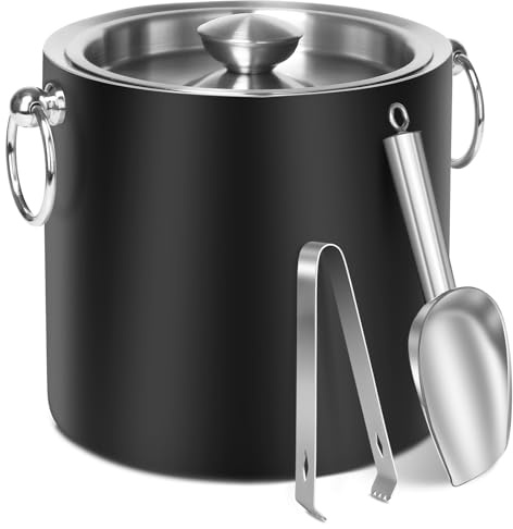 CAOANTRY Ice Bucket with Lid & Tong- Well Made Insulated Stainless Steel Keep Ice Frozen Longer - Ideal for Cocktail Bar, Parties, Chilling Wine, Champagne - 3 Liter (Black)