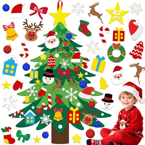 Huxolynifty 47 Piezas Set de Árbol de Navidad de Fieltro DIY,89 CM con 35 Adornos + Velcro para Decoración de la Pared de la Puerta del Hogar Niños Decoración Navideña