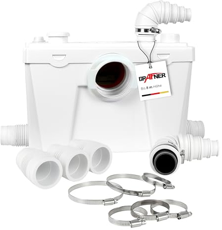 Grafner 4/1 Kleinhebeanlage 500W mit Häcksler & Aktivkohlefilter, Hebeanlage bis 8m Höhe, 4 Einlässe, 110L/min, Rückschlag, Abwasserhebeanlage WC, Dusche, Spüle, Keller Fäkalienhebeanlage