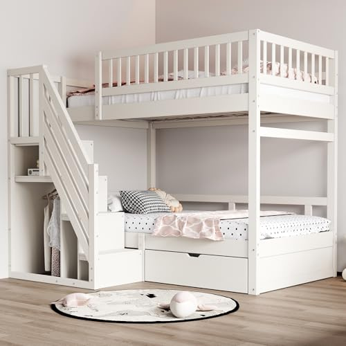 Kelodan Letto a castello, 90 x 200 cm, scala di sicurezza con vano portaoggetti, in legno massello, con rete di sicurezza elevata, con rete a doghe, con cassetti, letto per ragazzi, bianco