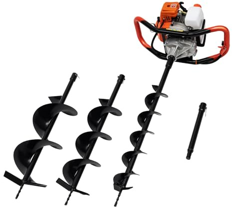 Trivella di terra a benzina da 52 cc – Set di 3 punte da trapano (100/150/200 mm) con barra di estensione e kit di attrezzi, potente perforatrice a 2 tempi per pali di recinzione e piantagione