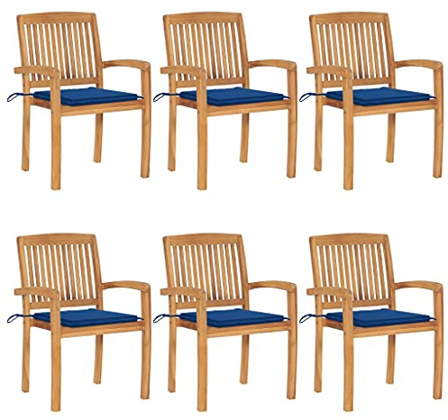 Mokuyary Stapelbara trädgårdsstolar med kuddar, set om 6, massivt trä, teak, balkongstol, terrassstolar, matstolar för terrass, trädgård, balkong – E