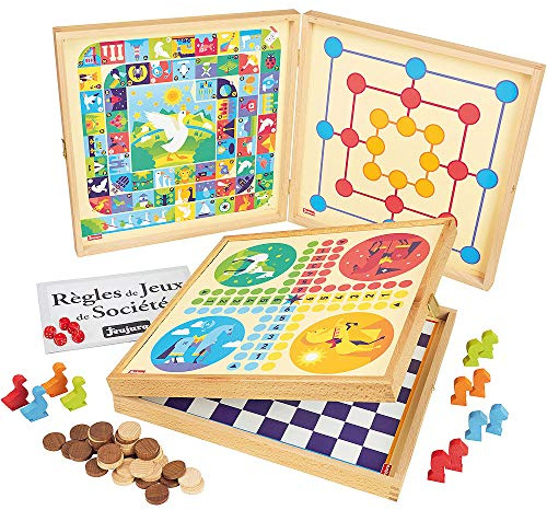 Jeujura – Klassiker-Set „Petits Chevaux“, „L’oie“, „Dames“, „Marelle“, „Yams“ – 421-50 Spielregeln – 4 Spielbretter und Spielfiguren aus Holz – 2 bis 6 Spieler – 8119