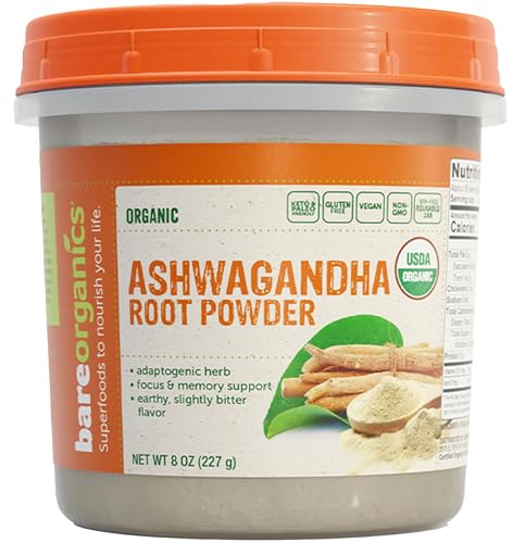 BareOrganics Ashwagandha Root Powder - Pure Herbal Ashwagandha - Organic Root Powder for Men & Women, USDA Organic, Vegan, 8 Oz