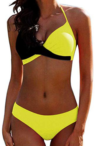 JFAN Dam Baddräkt Push Up Vadderad BH Bikini Dam Tvådelad Badkläder Strandklänningar, Gul och svart, XL