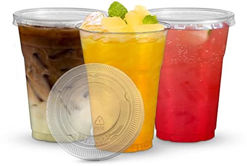 Signature Packaging Disposable Plastic Party Cups Heavy Duty for Cold Drink, Smoothies, Juices and Refreshments for Parties, Picnics, and Takeaway - 300ml Cups + Flat Lids Pack of 50 Cups + 50 Lids