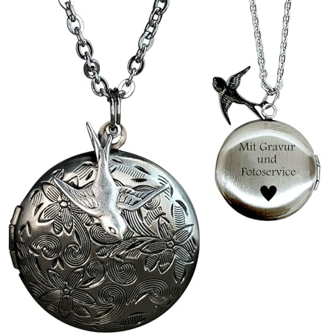 MadamLili - Personalisierte Halskette Foto Medaillon Anhänger Set Fotoservice - Personalisierbar mit GRAVUR - 70cm Kette in Altsilber - Namenskette - Aufklappbar - Handgefertigt - Exklusive Schmuckbox