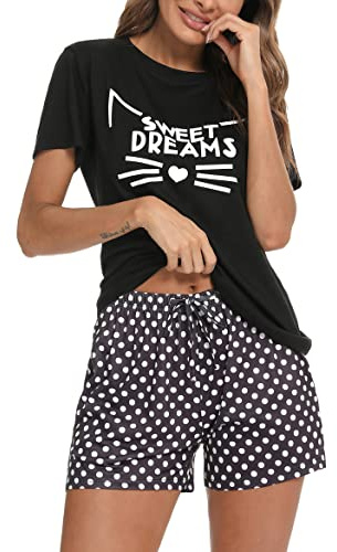 Uniexcosm Pijama de Mujer Verano Conjunto de Algodón Manga Corta y Cuello Redondo Ropa de Dormir y de Casa Casual,A:SD Negro,XXL
