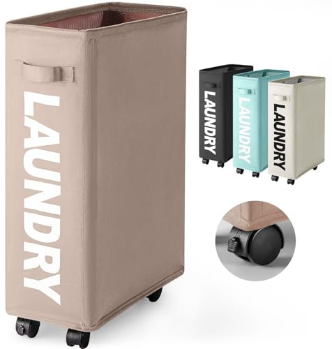 Rieeyrslza Corbeilles à Linge Bac à Linge avec 4 Roues 43L Mince et Pliable Bac à Linge Collecteur de Buanderie Oxford Trieur de Blanchisserie pour Salle de Bains(Kaki)