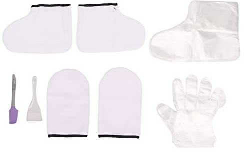 Professional White Wax Bath Mitts Set for Hand and Foot Care - Includes Gloves, Brush, and Disposable Covers