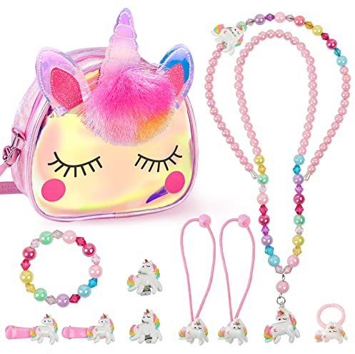 MEOWMEE Sac pour Enfants avec Ensemble de Bijoux, Filles Sac à Main Enfants Collier Bracelet Bagues Boucles d'oreilles Accessoires pour Cheveux Serre-tête Pinces à cheveux Party Dress Up pour Filles