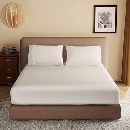 100% Egyptian Cotton Fitted Sheet Queen Size, 600 Thread Count 8-16 Deep Pocket Sheet, Soft & Elastic Sateen Weave Bottom Sheet for Hotel & Home (Light Beige, 1 Pack Fitted Sheet Only,Queen)