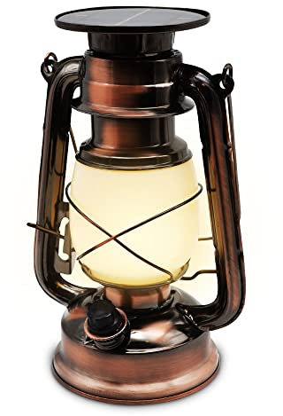 Shopeco SOLARIS LED Solarlaterne Campingleuchte Dimmbar Metall Gehäuse im Kupfer Retro Design tauschbarer Akku Warmweiß mit USB Ladefunktion