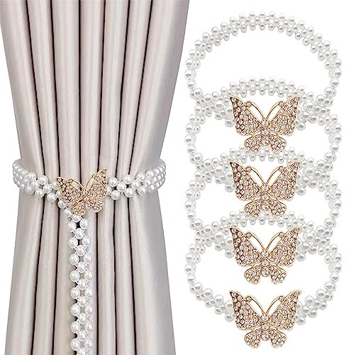 Abrazaderas Cortinas,Zliger 4 Piezas Alzapaños Cortinas Alzapaños de Cortina de Metal Sujeta Cortinas con Perlas y Mariposa Tiebacks de Corbata para Decoración de Ventanas de Hogar y Oficina