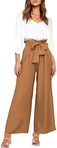 FANCYINN Frauen 2 Stück Casual Trainingsanzug Sommer Langarm Tank Top Hose mit hoher Taille Khaki-Hose & Weiße Bluse M