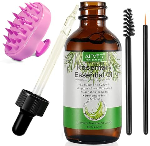 Rosemary Oil for Hair&Skin with Scalp Massager, 60ml Multipurpose Organic Rosemary Essential Hair Serum Oil Nourish Scalp Face Body Nails for Women Men