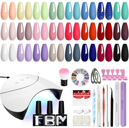Phoenixy Kit Uñas Semipermanentes 24 Colores Kit Uñas de Gel Completo con lámpara U V/LED de 36W Set Manicura Semipermanente con Base Top Coat y Mate Azul Verde