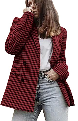 Rrongwn Blazer da donna a quadri, cappotto invernale a quadri, risvolto rifinito, elegante cappotto doppiopetto, giacca a maniche lunghe, slim fit, primaverile, elegante tuta da lavoro