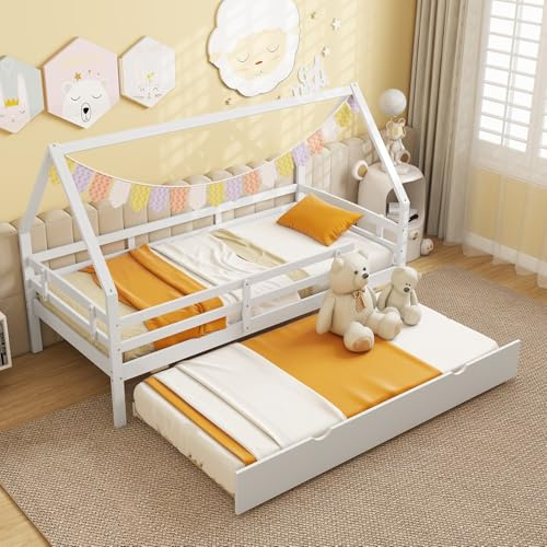 COSTWAY Letto per Bambini con Letto Estraibile, 90 x 200 cm, Struttura in Legno con Tetto e Sponde di Sicurezza Lunghe, Forma di Casa, Ogni Letto Carico 150 kg