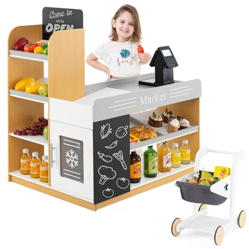GOPLUS Marchande en Bois Enfant, Supermarché Enfant avec Chariot de Courses, Caisse Enregistreuse, Scanner, Tableau Noir, Grand Rangement, Jouet pour Filles Garçons 3+ Ans