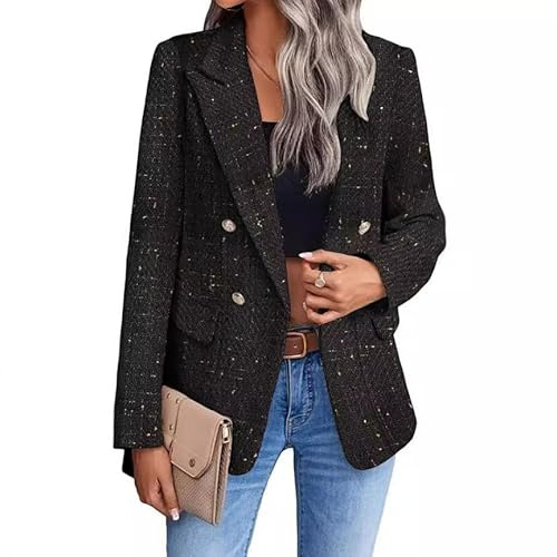 FM2018XSL Giacche Tweed da Donna, Open Front Plaid Tweed Suit Jacket, Giacca da Ufficio a Maniche Lunghe Casual Blazer con Tasche Elegante Cappotto