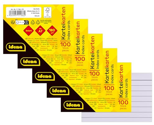 Idena 90279 - Karteikarten DIN A7, 500 Stück liniert, Lernkarten aus 180 g/m² FSC-Mix Papier in Weiß, für Schule und Büro