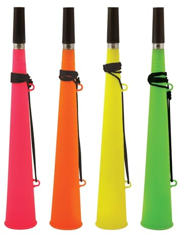 4 Neon Woofer Horns in Pink, Orange, Yellow & Green - Adults Carnival Noise Maker or Football Festival Party Horn (1 of each colour)