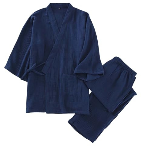 Générique Kimono Japonais Homme Pyjama Décontracté Ensemble 2 Pièces Respirant & Confortable Vêtement Zen Méditation Costume Traditionnel Asiatique (Navy, XL)