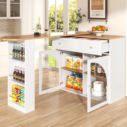 Aunvla Ausziehbarer Bartisch mit Stauraum(138-204×39×104cm), 360° drehbare Essbar,Moderner Beweglicher Bar Table,Hochtisch Kücheninsel Bistro Table, Sideboardschrank mit Regalen und Glas,weiß