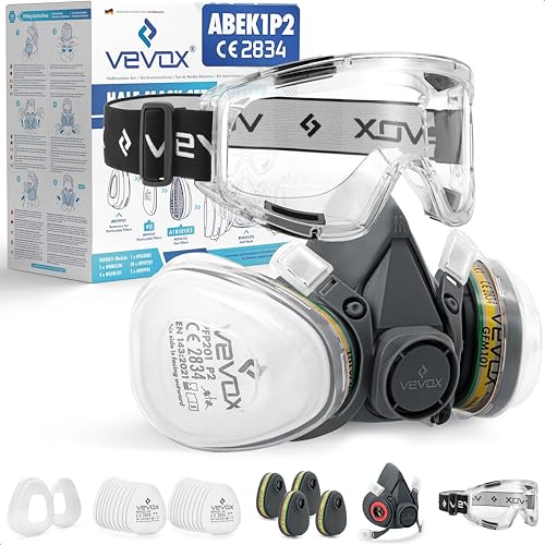 VEVOX® Maschera respiratoria con filtro ABEK1P2 – Protezione da gas, vapori e polveri sottili – Ideale per verniciatura, levigatura e lavori edili – Con 20 filtri P2 antiparticolato e 4 ABEK1 antigas