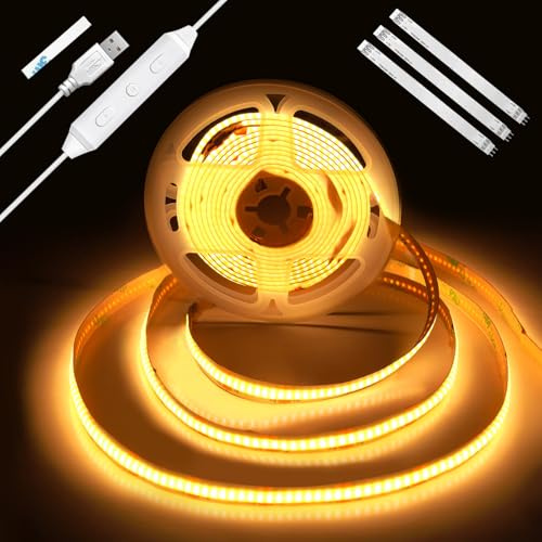 Enteenly Tira LED COB 2 m, Retroiluminación TV USB 5V con Regulador y Función Memoria, Tira LED Regulable sin Puntos para Iluminación Bias TV, Muebles y Ambiente, 2700K