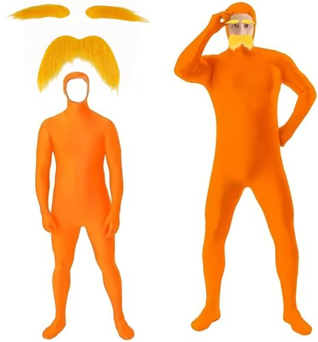 PAIDAXING Disfraz de mono naranja 2025 para hombre y adulto, bigote amarillo y cejas, overol de cuerpo completo, traje de cosplay para hombre, unisex, disfraces de Halloween, trajes Zentai para niños