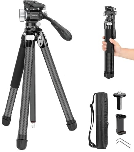 Koolehaoda Trípode de viaje de video, trípode de cámara de aluminio ligero de 63 pulgadas con cabezal fluido panorámico de 360°, configuración de pierna de liberación rápida para viajes, video