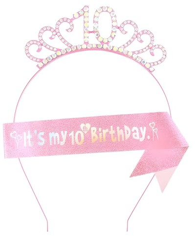 Ensemble Accessoires Coiffure Anniversaire 10 Ans Fille | Bandeau Couronne et Écharpe Or Rose | Set Cadeau Fête | Décoration Fête Mignonne | Présent Spécial Fillette
