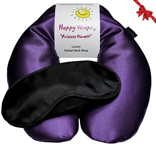 Happy Wraps Microwavable Herbal Neck Wrap - Hot Cold Aromatherapy Neck Warming Pillow - Heating Pad for Migraines, Stress, Gifts for Women, Birthdays, Christmas and Free Sleep Mask - Amethyst Satin