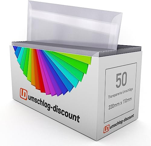 umschlag-discount – transparente Briefumschläge aus Pergamin-Papier für Infoschreiben, Gutscheine, Einladungen & Co – 50 Stück selbstklebende Briefkuverts mit den Maßen 220 x 110 mm (DIN lang)