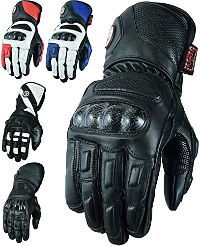 Texpeed Motorcycle Mens Leather Gloves Motorbike Moped ATV Biker Riding With Armour Protection Black Short - L