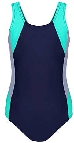 Aquarti Mädchen Badeanzug mit Ringerrücken – Sport Badeanzug Mädchen, Chlorresistent, Farbe: Dunkelblau/Grau/Grün, Größe: 158